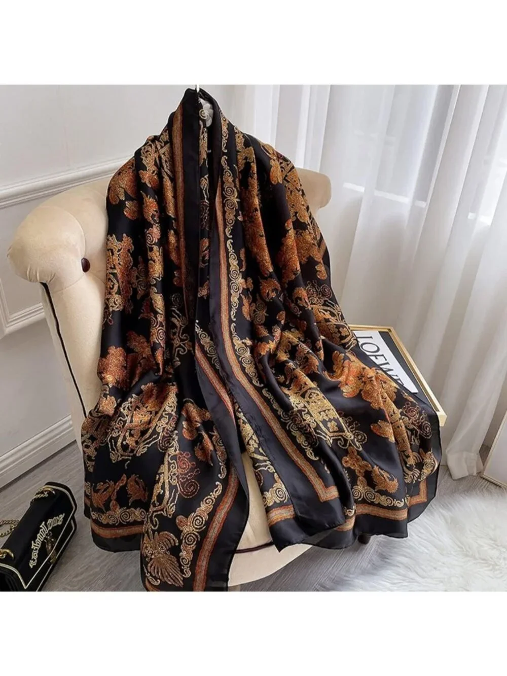 Women's Brown Lightweight Silk Like Scarves Flower Print Head Cotton Wrap Scarf
